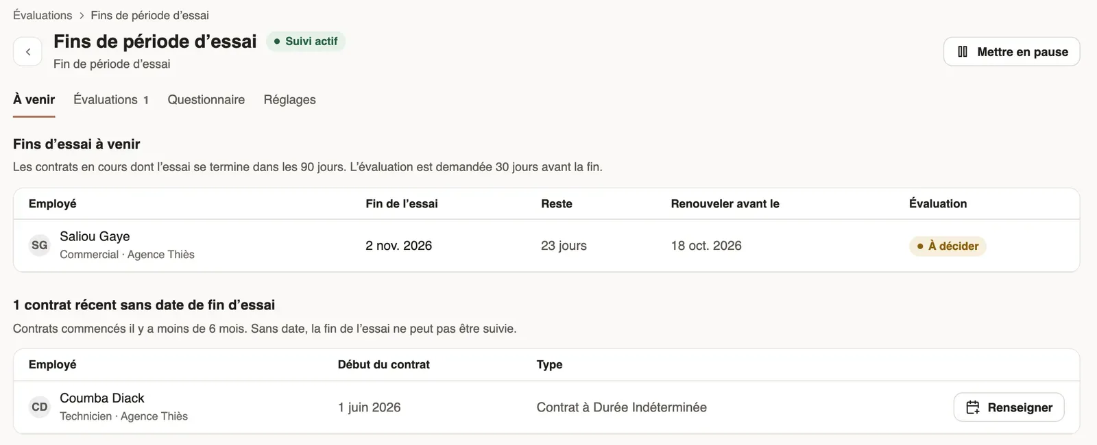 Le suivi Fins de période d’essai, onglet À venir : la fin d’essai de Saliou Gaye à décider, puis un contrat récent sans date de fin d’essai