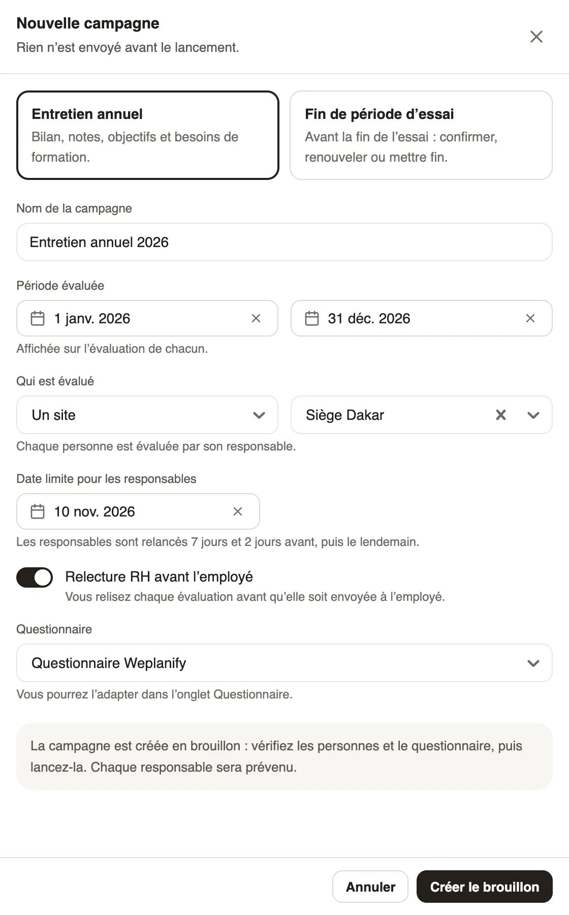 La fenêtre Nouvelle campagne : type Entretien annuel, nom, période évaluée, site Siège Dakar, date limite et relecture RH