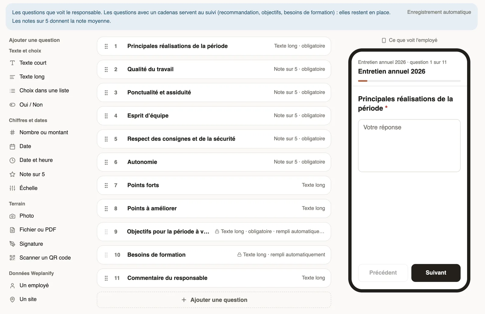 L’onglet Questionnaire : les types de questions à gauche, les onze questions au centre, dont Objectifs et Besoins de formation avec un cadenas, et l’aperçu à droite