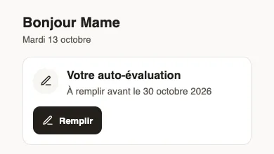 L’accueil de Mame sur un téléphone : la carte Votre auto-évaluation, à remplir avant le 30 octobre 2026, avec le bouton Remplir