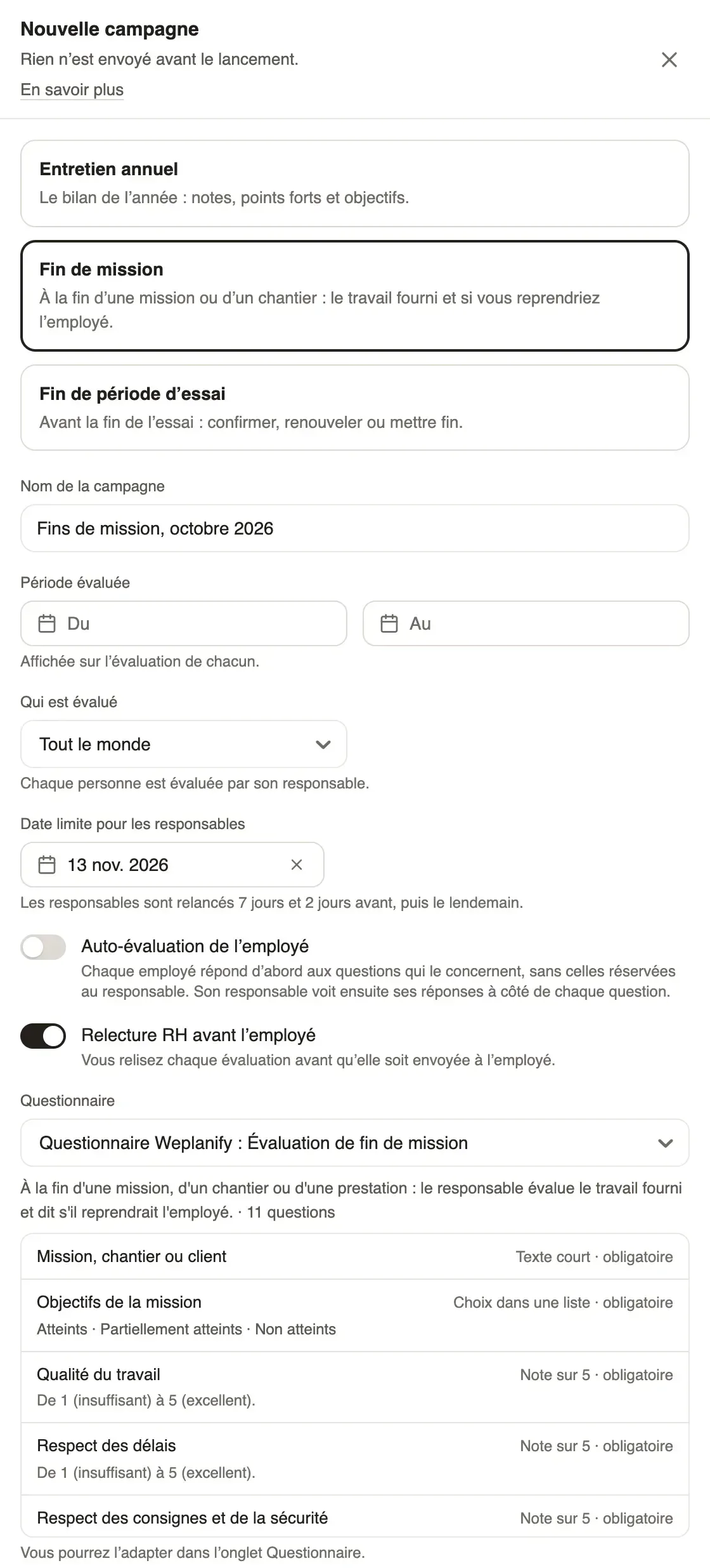 La fenêtre Nouvelle campagne avec Fin de mission choisi : le nom Fins de mission, octobre 2026, la période facultative, qui est évalué, la date limite et le questionnaire Évaluation de fin de mission