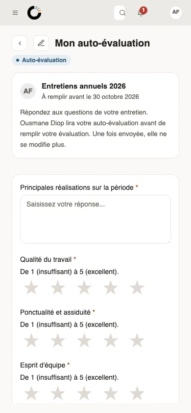 La page Mon auto-évaluation sur un téléphone : la campagne Entretiens annuels 2026, à remplir avant le 30 octobre 2026, puis les premières questions