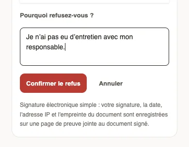 Le refus sur un téléphone : Pourquoi refusez-vous ?, le motif écrit par l’employée et le bouton Confirmer le refus