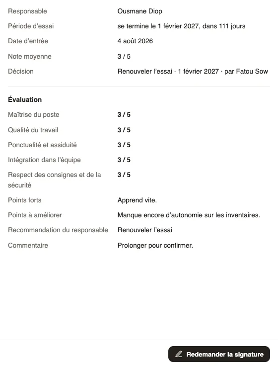Le panneau d’une évaluation non signée : la décision, les réponses et le bouton Redemander la signature