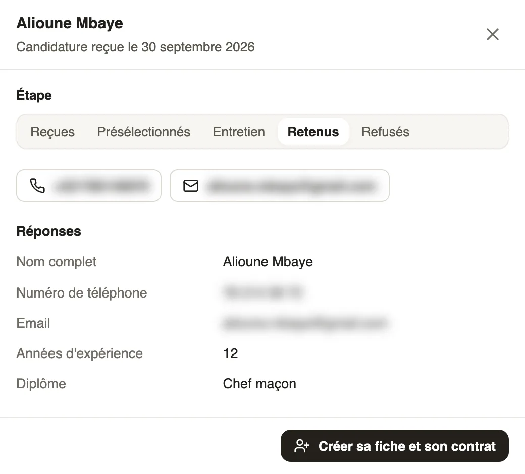 La fiche d'un candidat : son étape, ses réponses et le bouton Créer sa fiche et son contrat