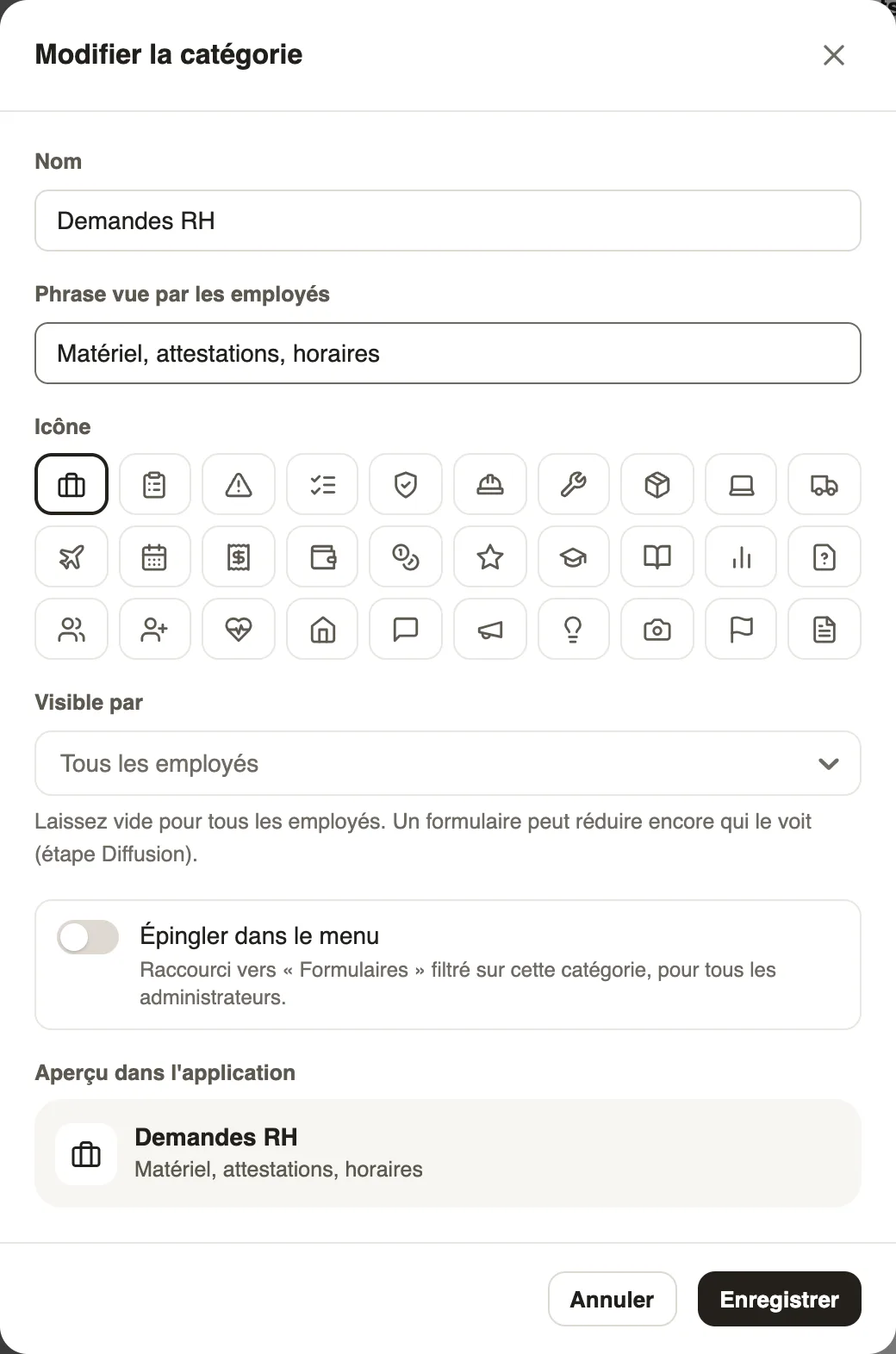 La fenêtre Modifier la catégorie : nom, phrase vue par les employés, icône, Visible par, Épingler dans le menu et l'aperçu