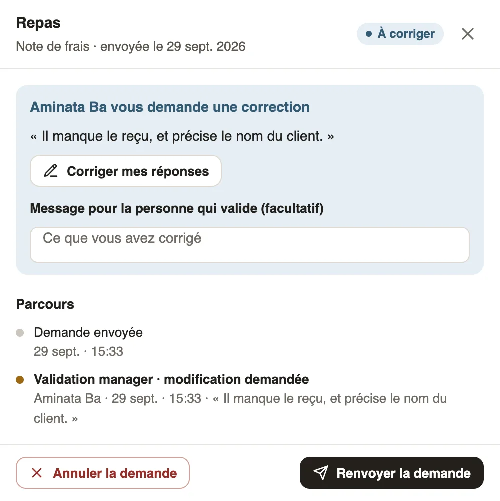 Une note de frais à corriger : le message du valideur, Corriger mes réponses, le message facultatif, puis Annuler la demande et Renvoyer la demande