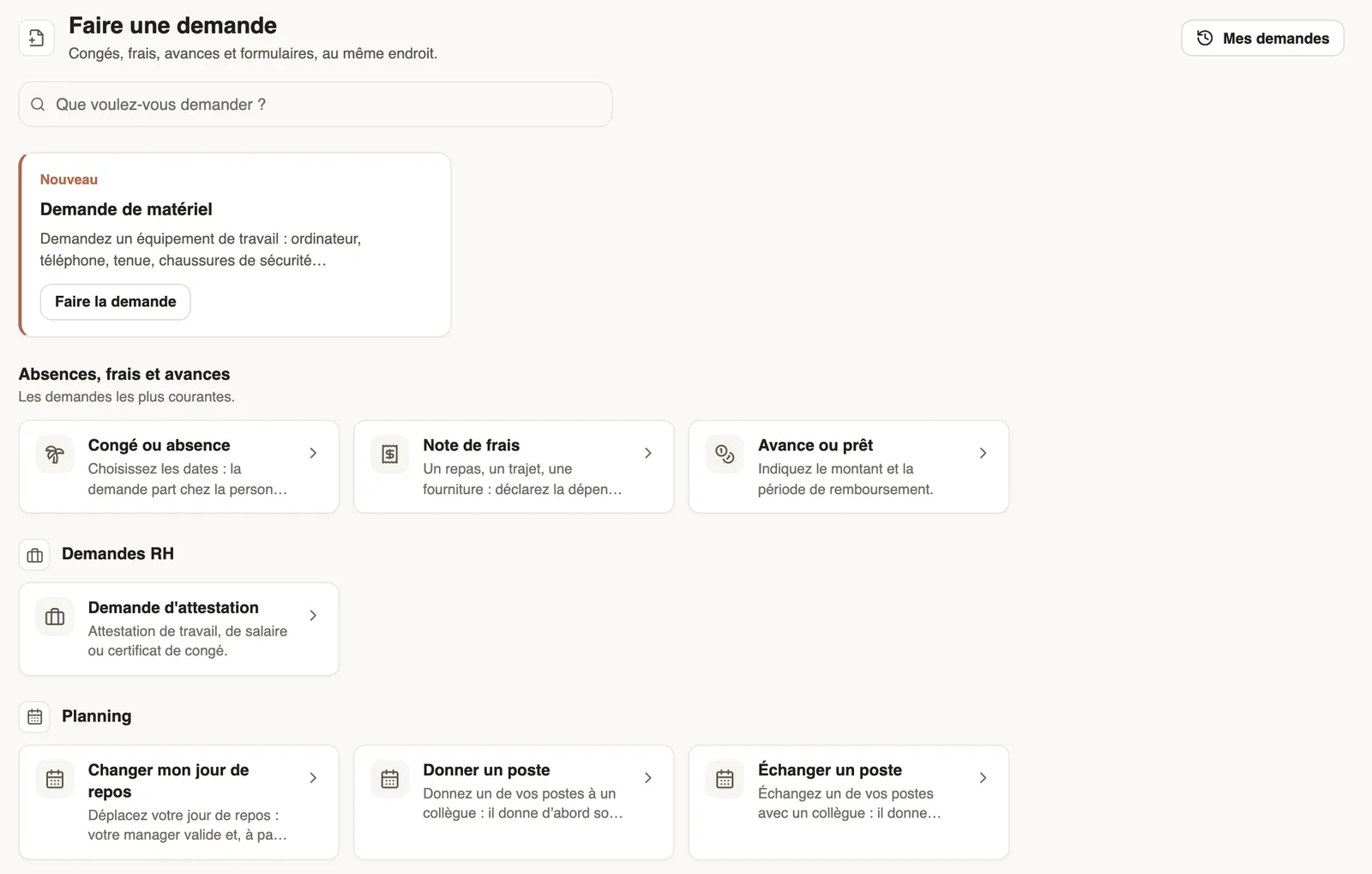 Faire une demande : la recherche, une carte Nouveau, le bloc Absences, frais et avances, puis les formulaires rangés par catégorie