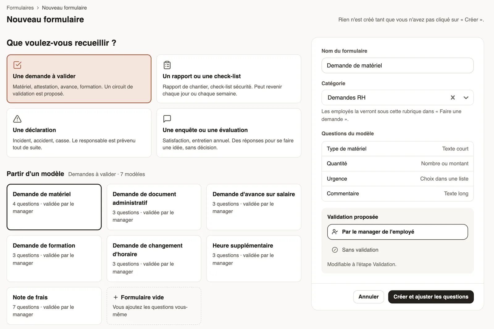 Nouveau formulaire : Que voulez-vous recueillir ?, les modèles, Formulaire vide et, à droite, le nom, la catégorie et la validation proposée