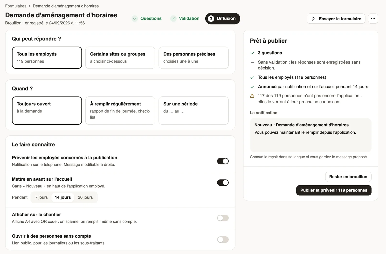 L'étape Diffusion d'un brouillon : Le faire connaître et, à droite, le cadre Prêt à publier avec la notification et le bouton Publier et prévenir 119 personnes