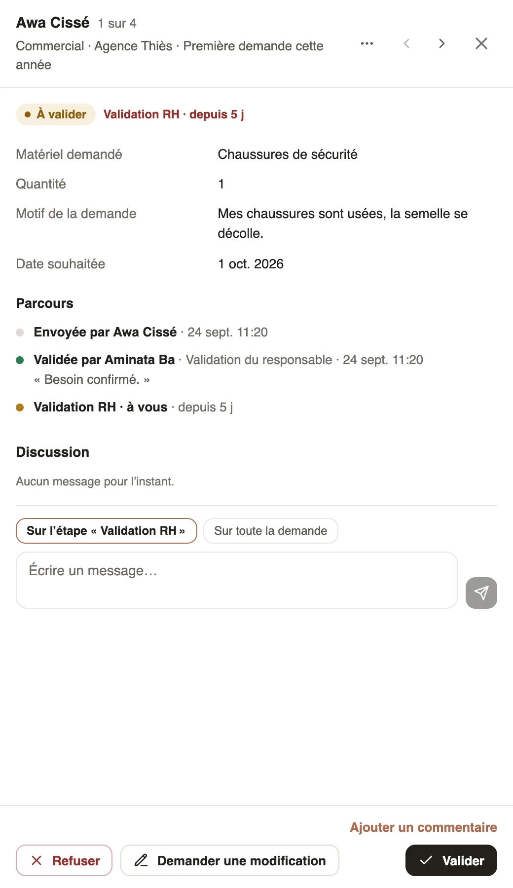 Le détail d'une réponse : réponses, Parcours, Discussion et les boutons Refuser, Demander une modification, Valider