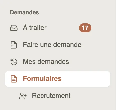 The Requests section of the menu: To review, Make a request, My requests, Forms, and Recruitment pinned right below