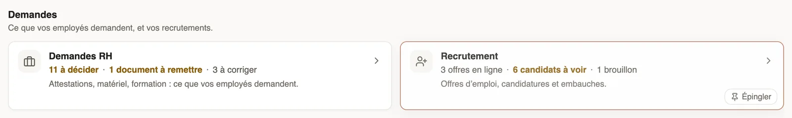 The Requests section of the Forms home: when hovering the Recruitment card, the Pin button shows at the bottom right