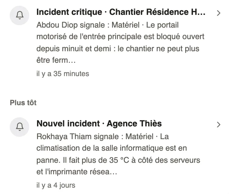 Les notifications : Incident critique au Chantier Résidence Horizon, puis Nouvel incident à l'Agence Thiès, avec le déclarant et le début du texte