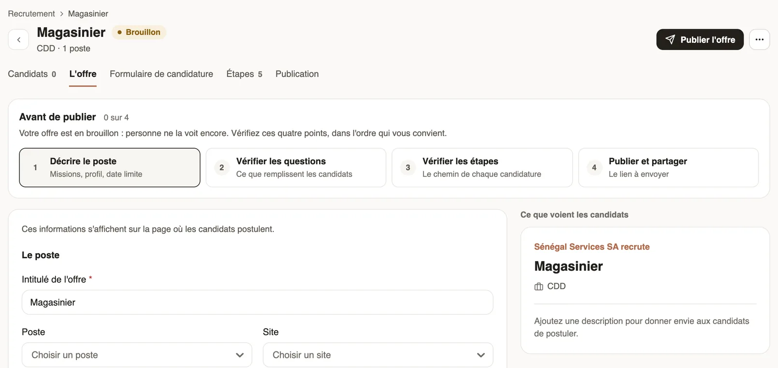La page d'une offre en brouillon : les cinq onglets, le cadre Avant de publier avec ses quatre points et le bouton Publier l'offre