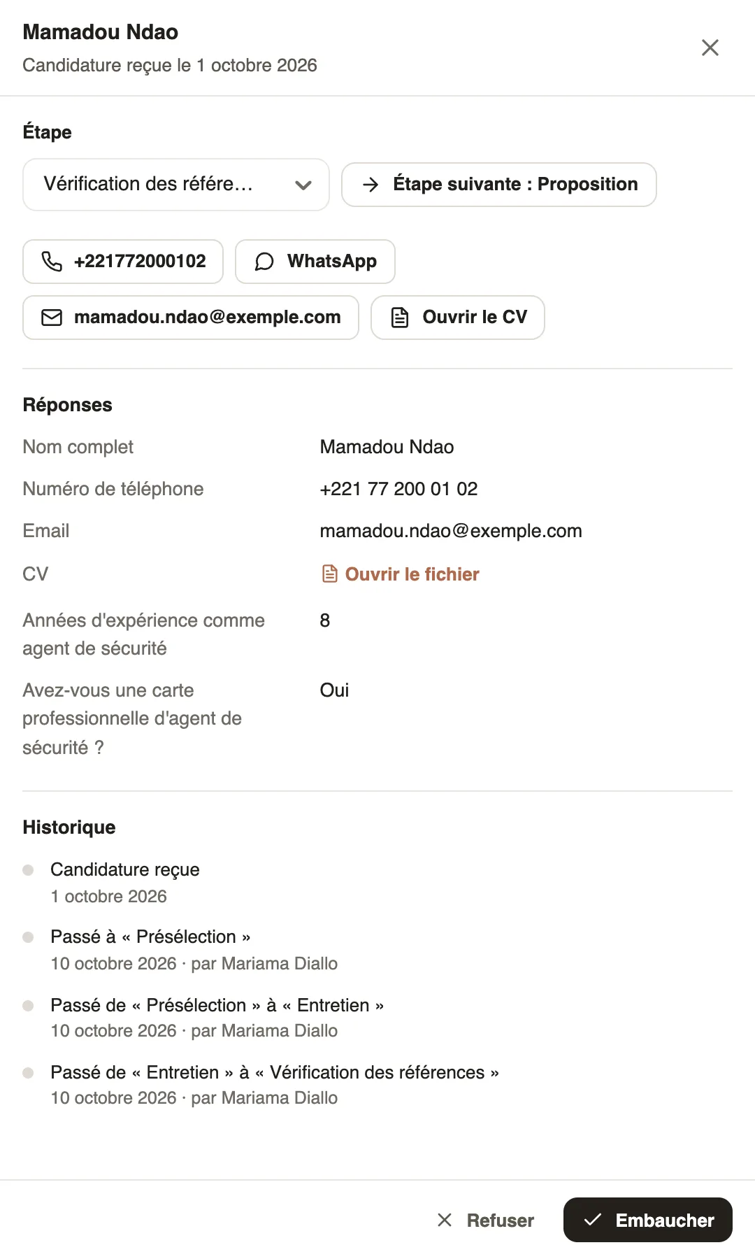 La fiche d'un candidat : son étape avec Étape suivante : Proposition, ses coordonnées, Ouvrir le CV, ses réponses, l'historique des étapes, Refuser et Embaucher