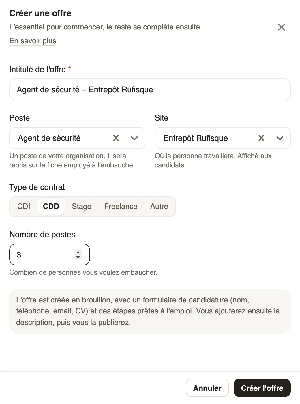 Le panneau Créer une offre : intitulé Agent de sécurité – Entrepôt Rufisque, poste, site, type de contrat CDD et 3 postes