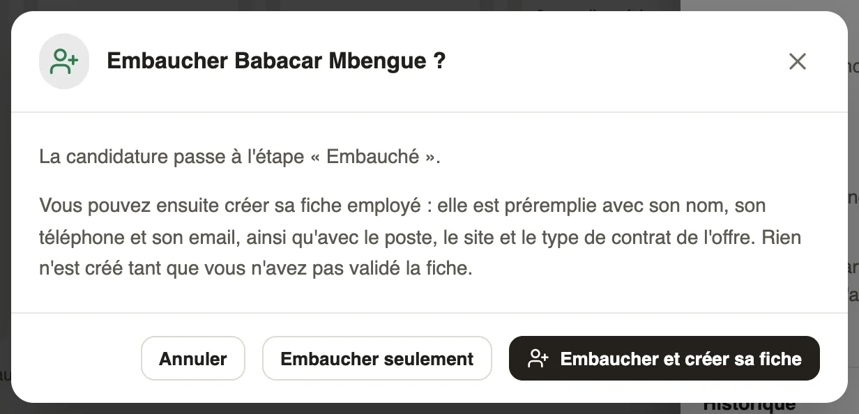 The Hire Babacar Mbengue? window with Cancel, Hire only and Hire and create the record