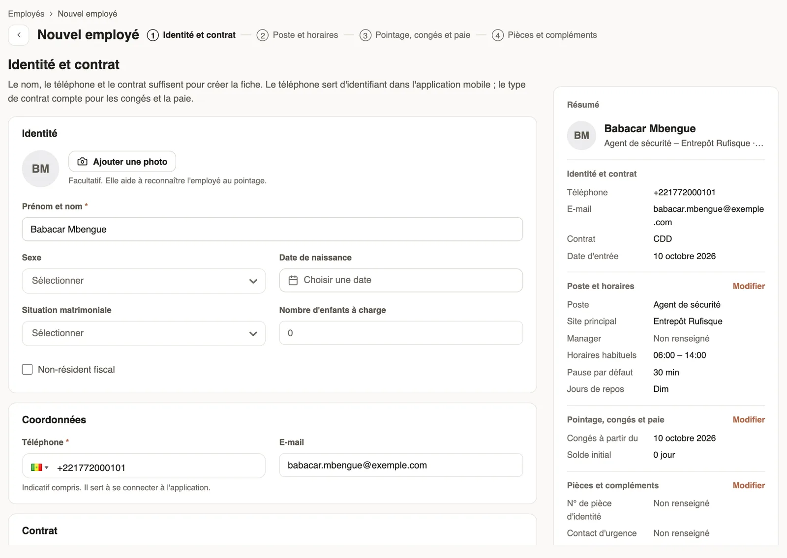 The New employee screen prefilled for Babacar Mbengue: name, phone, email, and in the summary the CDD contract, the Security guard job and the site