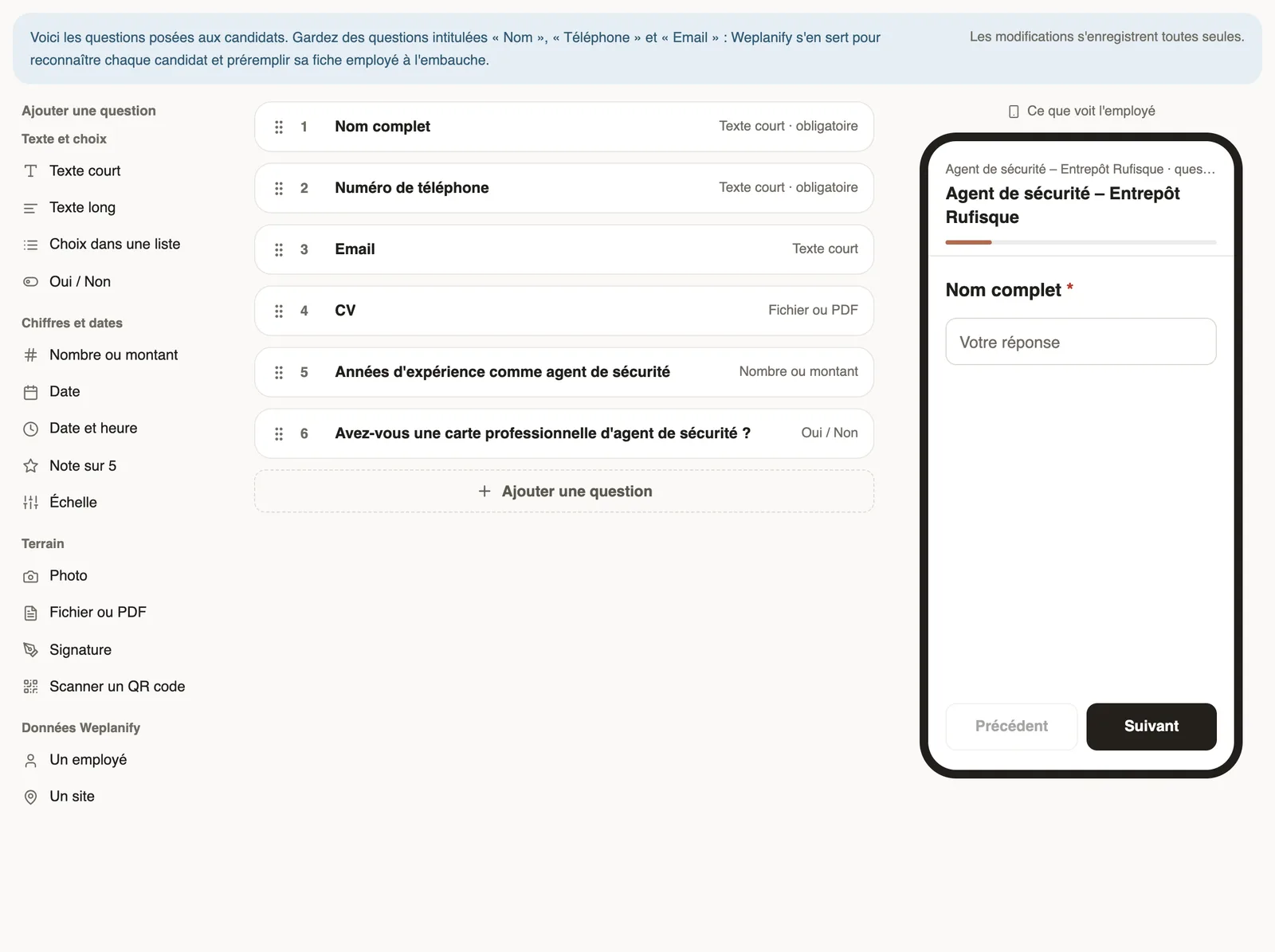 L'onglet Formulaire de candidature : les types de questions à gauche, les six questions de l'offre au centre, l'aperçu du téléphone à droite