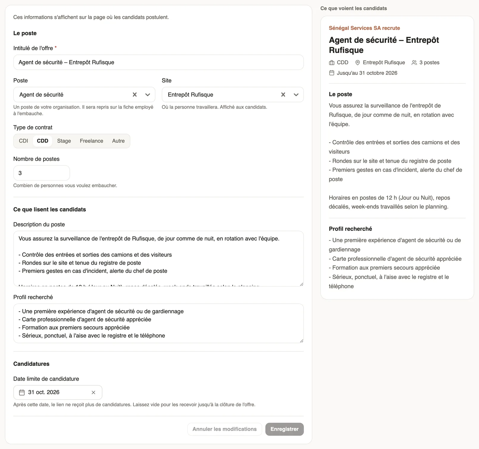 L'onglet L'offre : le poste, la description, le profil recherché et la date limite à gauche, l'aperçu Ce que voient les candidats à droite