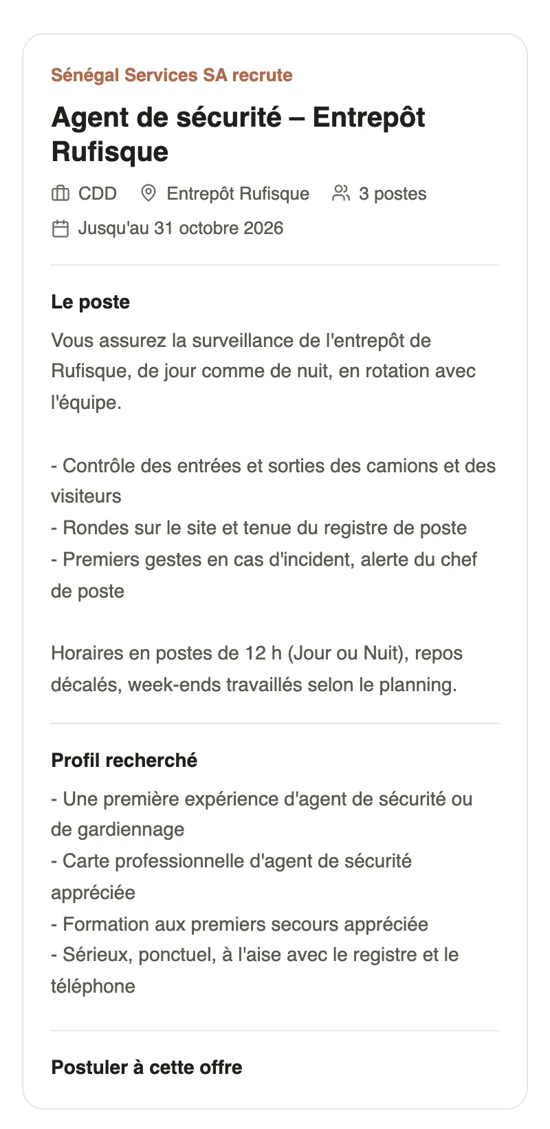 La page de candidature sur téléphone : le nom de l'entreprise suivi de recrute, l'intitulé de l'offre, CDD, le site, 3 postes, la date limite, Le poste, Profil recherché et Postuler à cette offre