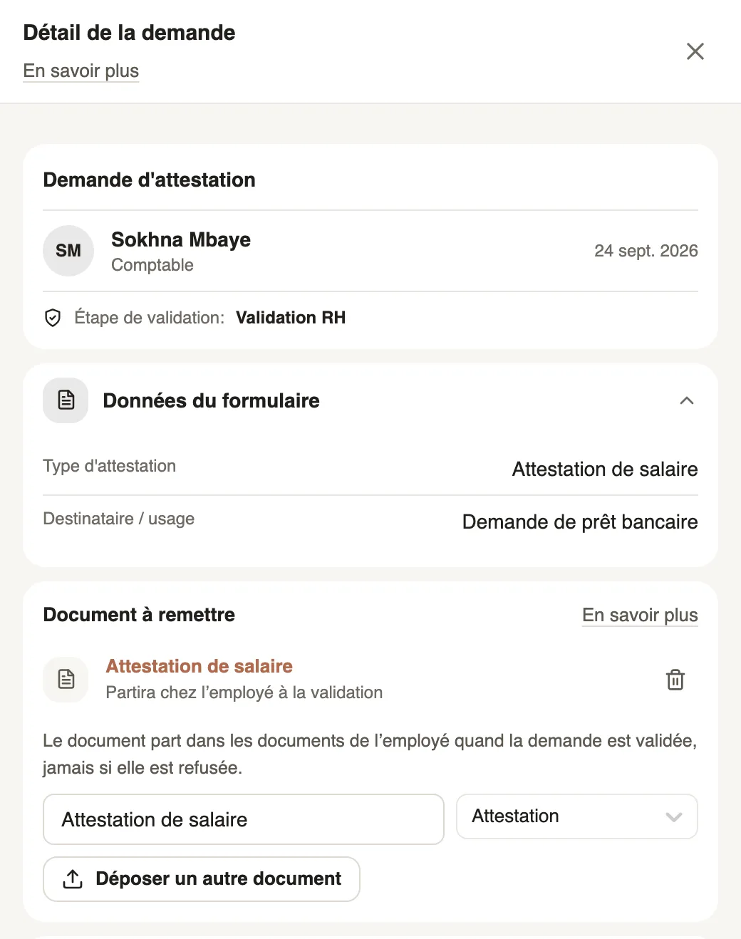 Le panneau de décision d'une demande d'attestation : l'attestation de salaire déposée, de type Attestation, partira chez l'employée à la validation
