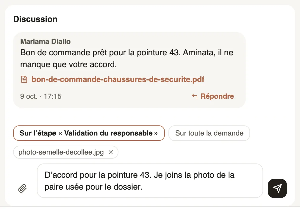 La discussion d'une demande de chaussures de sécurité : le message des RH avec le bon de commande en PDF, et la réponse du manager avec une photo jointe