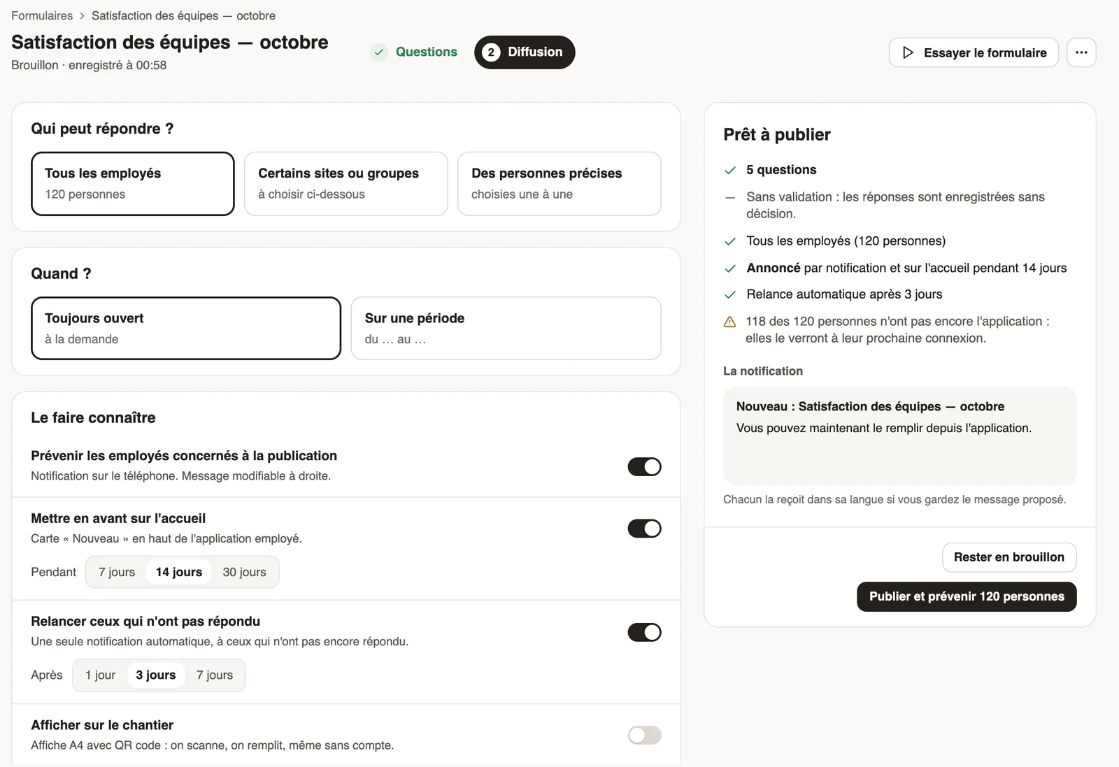 Étape Diffusion : Relancer ceux qui n'ont pas répondu activé après 3 jours, et le récapitulatif Relance automatique après 3 jours