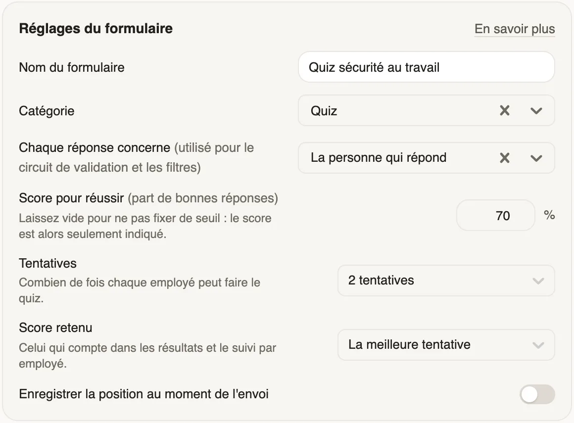 Réglages du quiz : catégorie Quiz, score pour réussir 70 %, 2 tentatives, score retenu La meilleure tentative