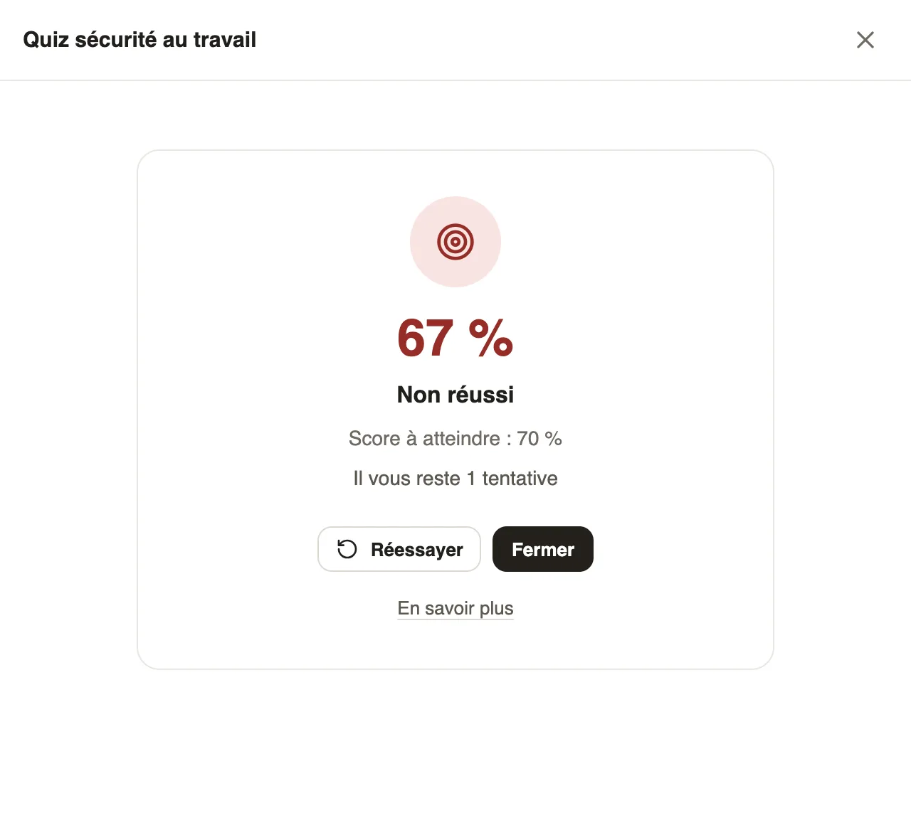 Result of the workplace safety quiz: 67 %, not passed, score to reach 70 %, 1 attempt left, Try again and Close buttons