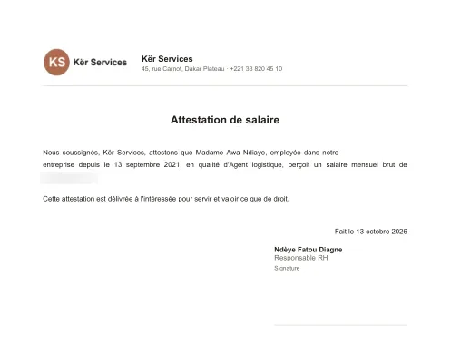 Le PDF d'une attestation de salaire : logo, nom, adresse et téléphone de la société, titre, texte, date, nom et fonction du signataire, espace pour la signature ; le montant est masqué