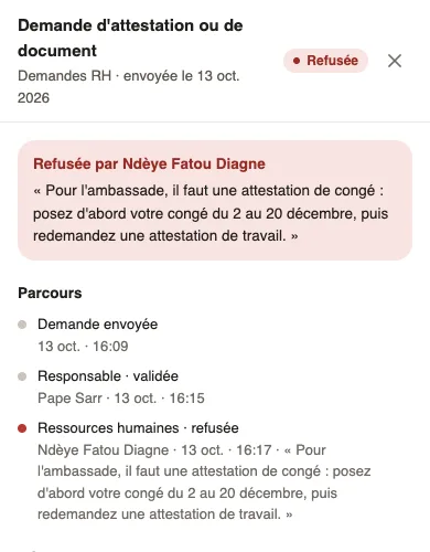 Une demande refusée dans Mes demandes : en haut, Refusée par Ndèye Fatou Diagne avec le motif, puis le parcours étape par étape