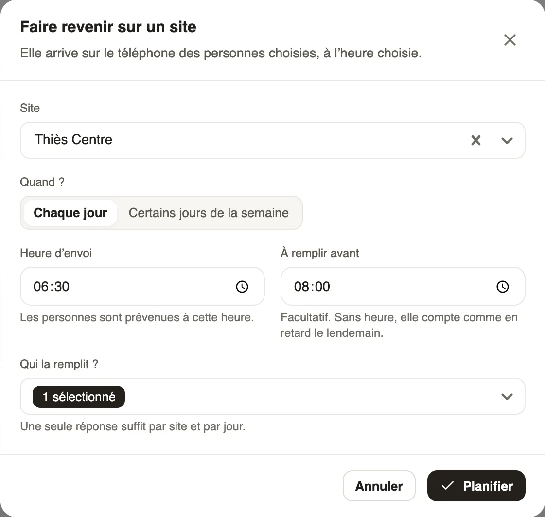 La fenêtre Faire revenir sur un site : le site Thiès Centre, Chaque jour, l'heure d'envoi 06:30, À remplir avant 08:00 et une personne choisie