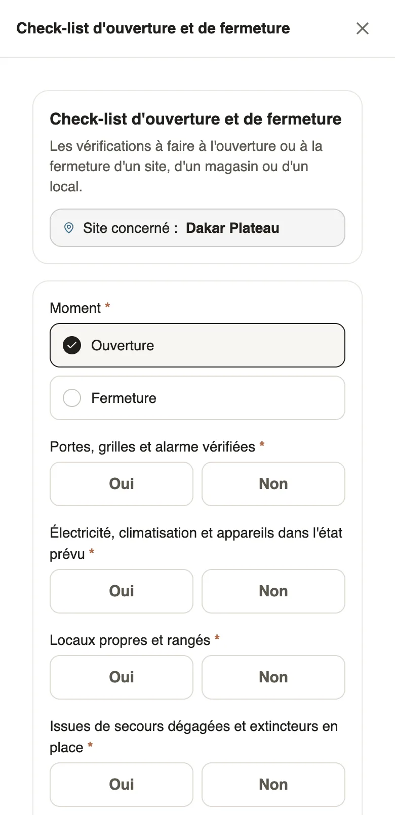 A checklist open on a phone: the Dakar Plateau site, the Opening moment and Yes / No questions with no answer ticked
