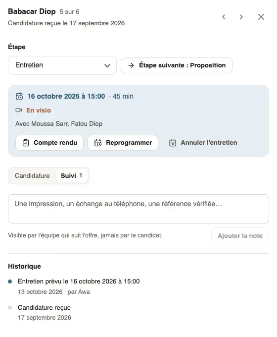 La fiche de Babacar Diop : son entretien du 16 octobre en visio avec Compte rendu, Reprogrammer et Annuler l'entretien, puis l'onglet Suivi avec la zone de note et l'historique