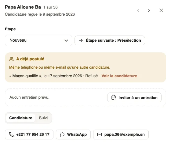 La fiche de Papa Alioune Ba avec le cadre A déjà postulé : même téléphone ou même e-mail qu'une autre candidature, « Maçon qualifié », le 17 septembre 2026, Refusé, et Voir la candidature