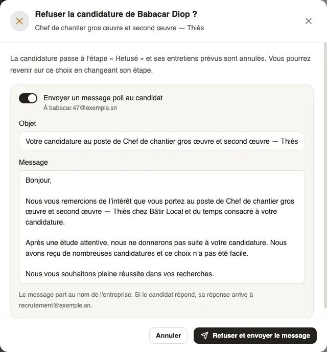 The Reject the application of Babacar Diop? window with Send a polite message to the candidate switched on, the subject and message prefilled, and Reject and send the message