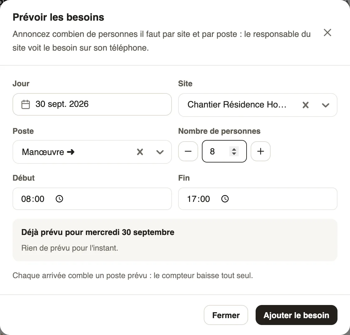 Prévoir les besoins : 8 manœuvres le 30 septembre au Chantier Résidence Horizon