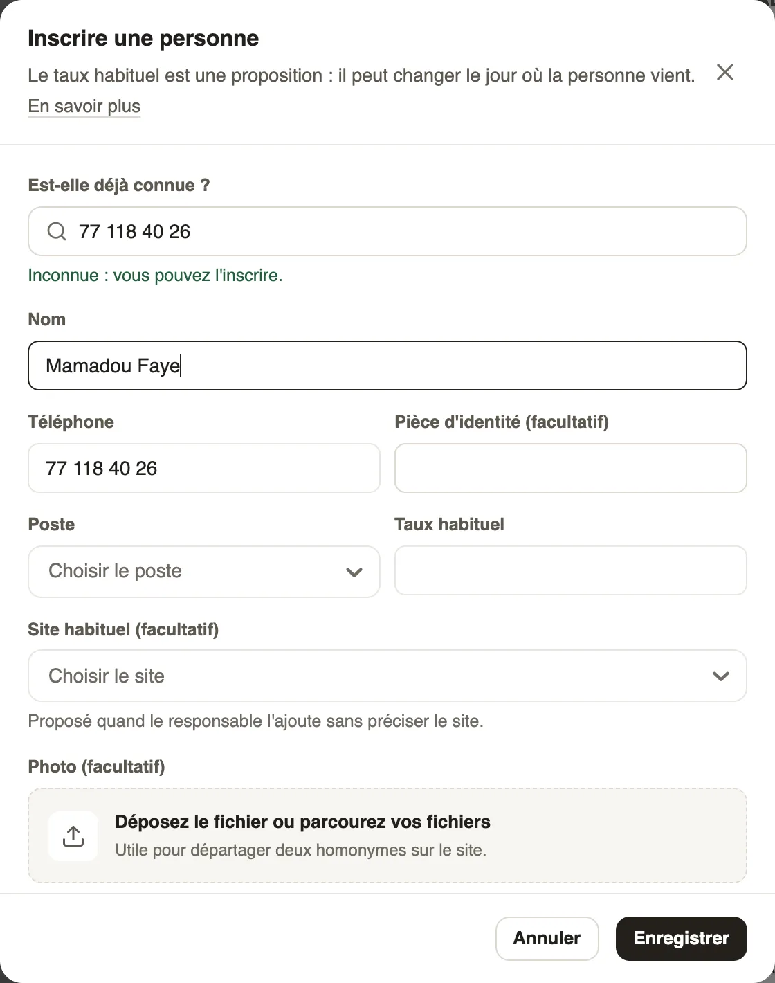 Inscrire une personne : numéro inconnu, nom, téléphone, pièce, poste, taux habituel, site habituel et photo