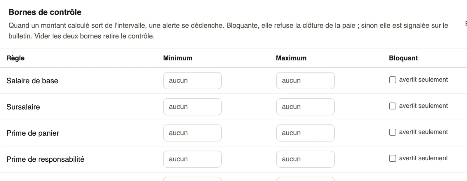 Les bornes de contrôle : minimum, maximum et bloquant, rubrique par rubrique