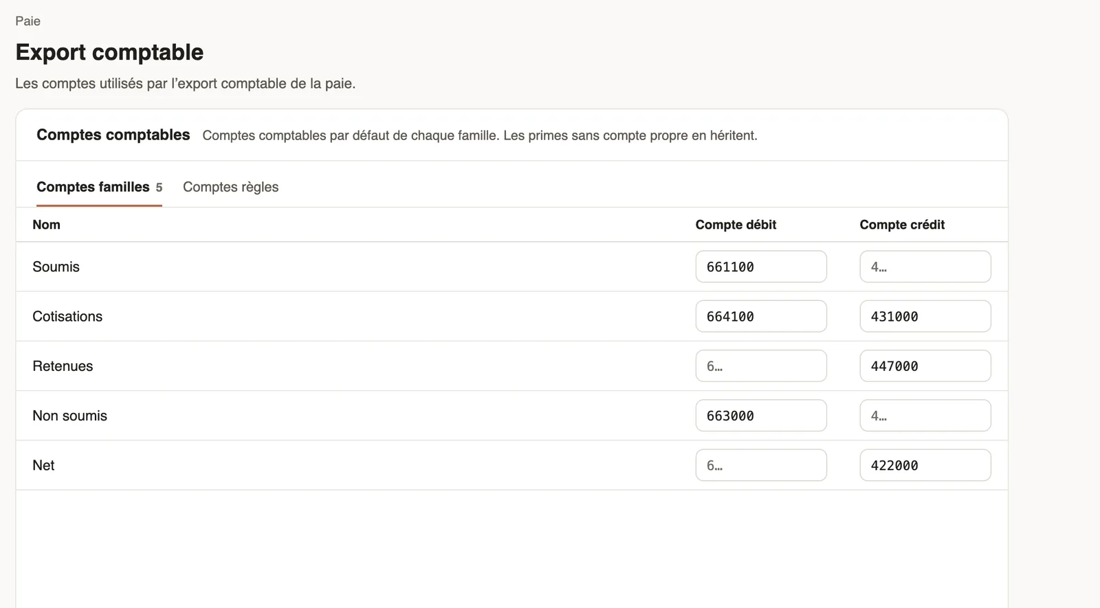 Paramètres → Paie → Export comptable : les comptes par défaut de chaque famille