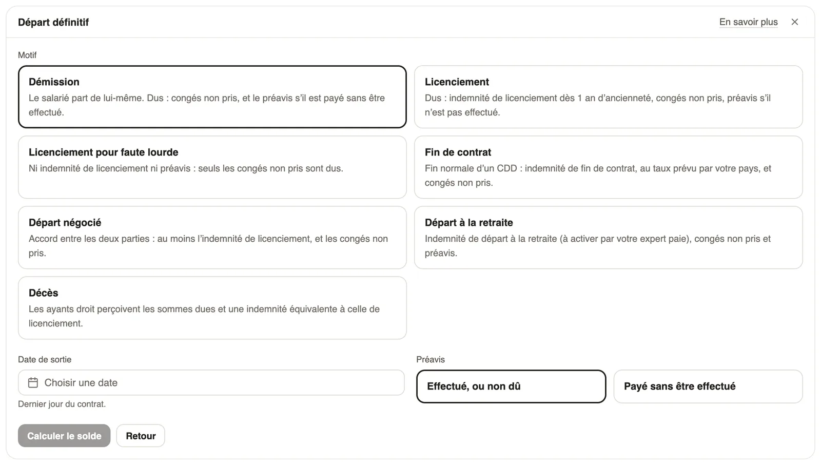 Le cadre Départ définitif : motif, date de sortie et préavis