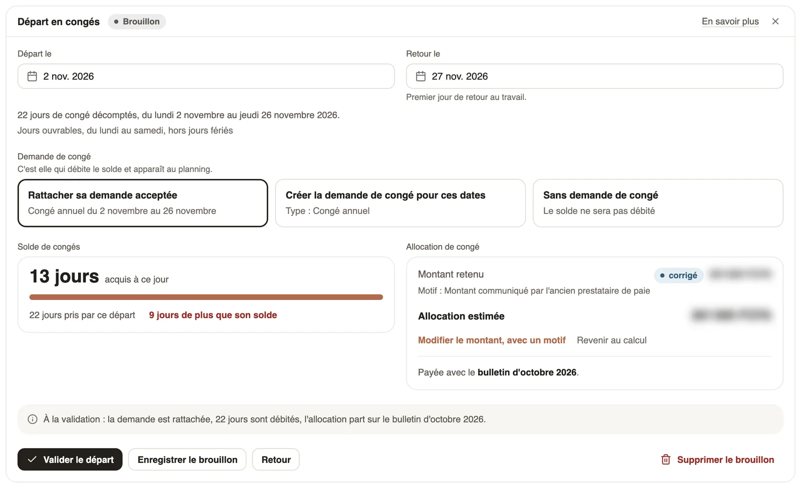 Le départ en congés : dates, demande de congé, solde et allocation (montants floutés)