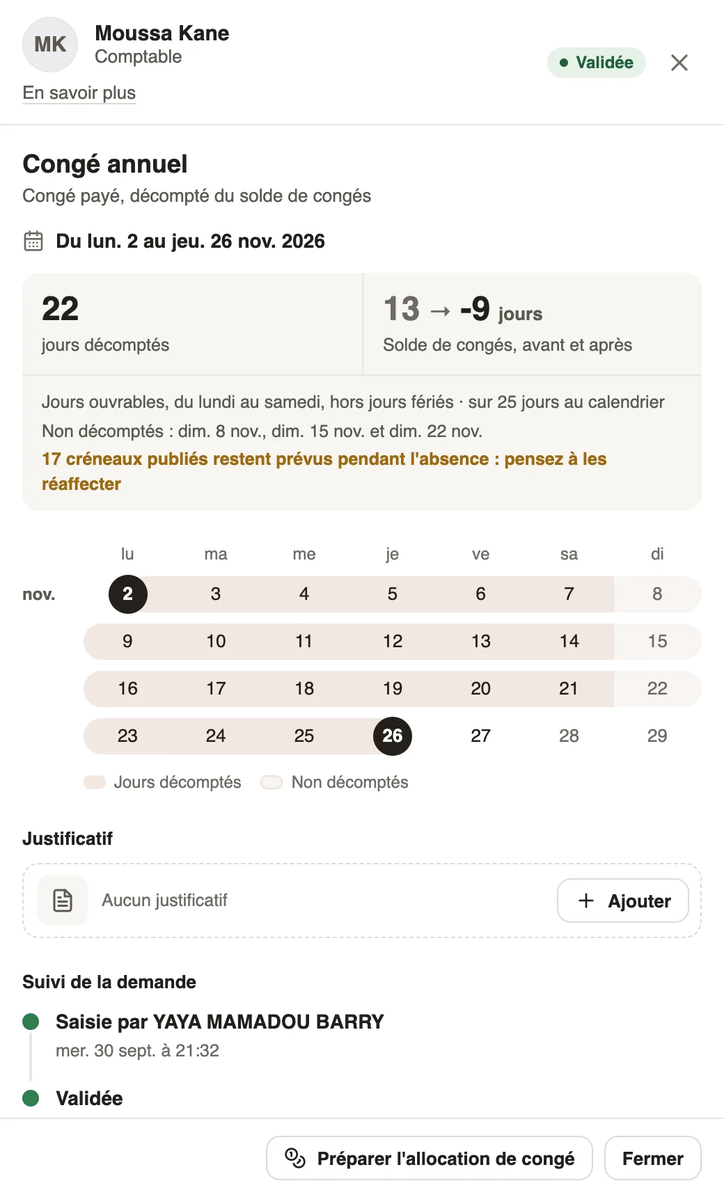Une demande de congé acceptée avec le bouton Préparer l'allocation de congé