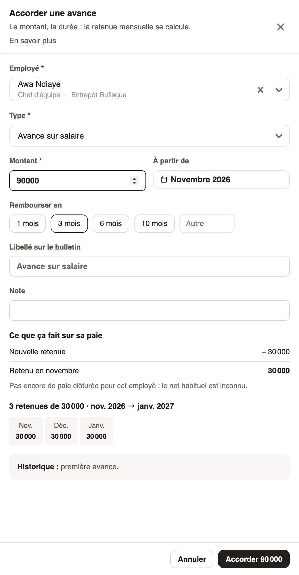 Accorder une avance : montant, durée, échéancier et effet sur la paie