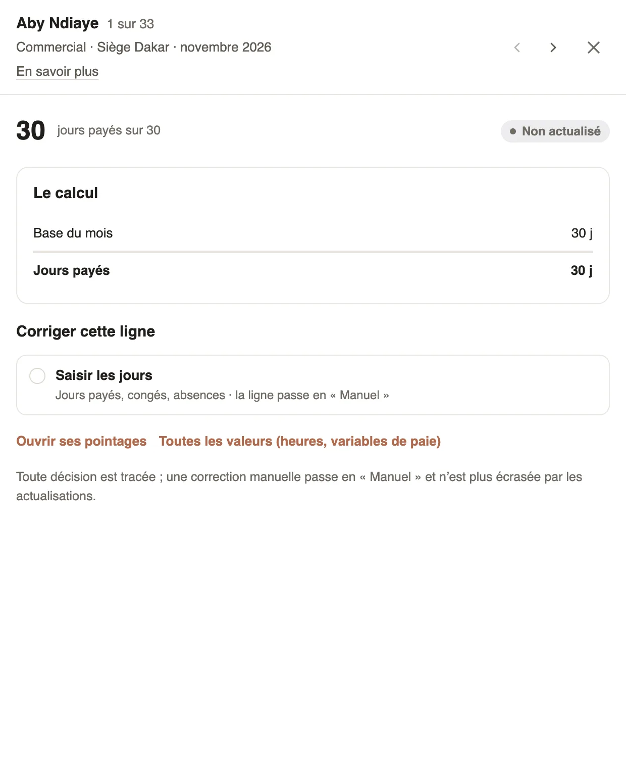 Le détail d'une ligne de temps : le calcul et la correction de la ligne