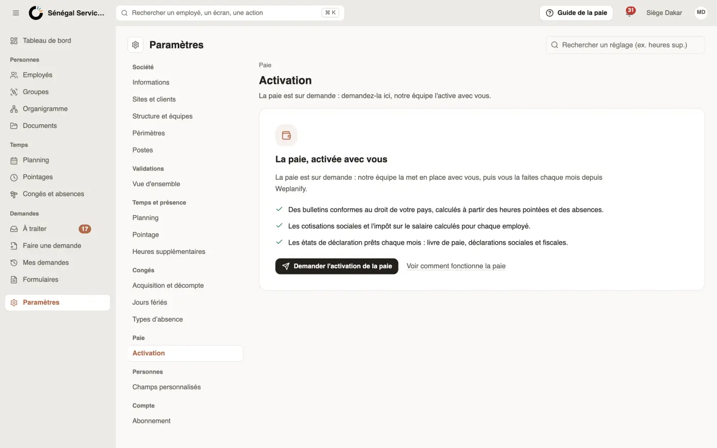 Paramètres, section Paie : demander l'activation