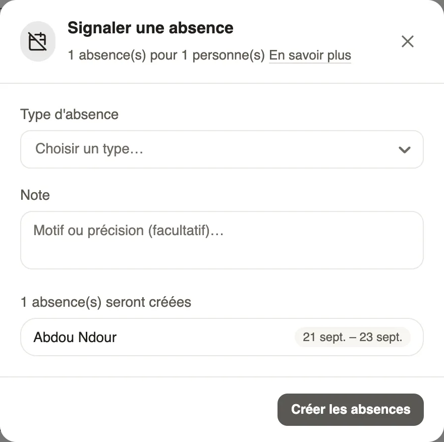 Signaler une absence : Abdou Ndour du 21 au 23 septembre