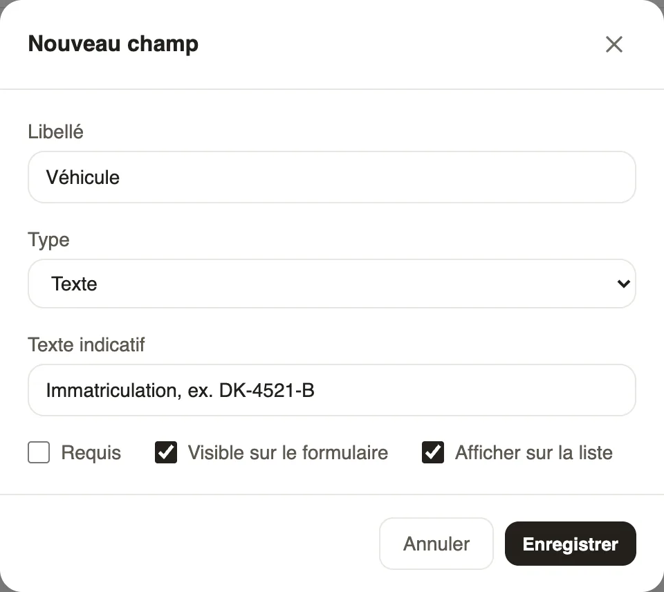 Nouveau champ de créneau : Véhicule, de type texte, affiché sur la liste